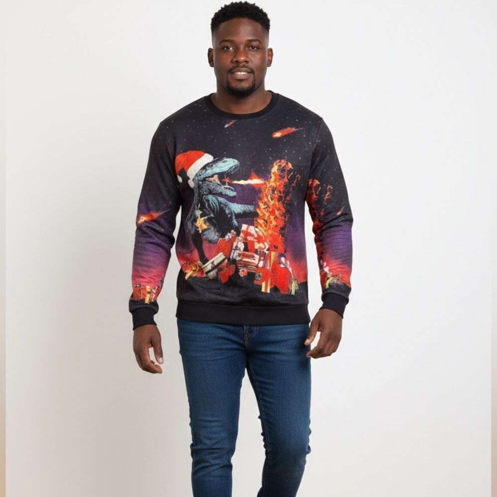 NWT -SSLR Unisex Rex Christmas Long Sleeve Shirt Black Graphic Print - Size XL